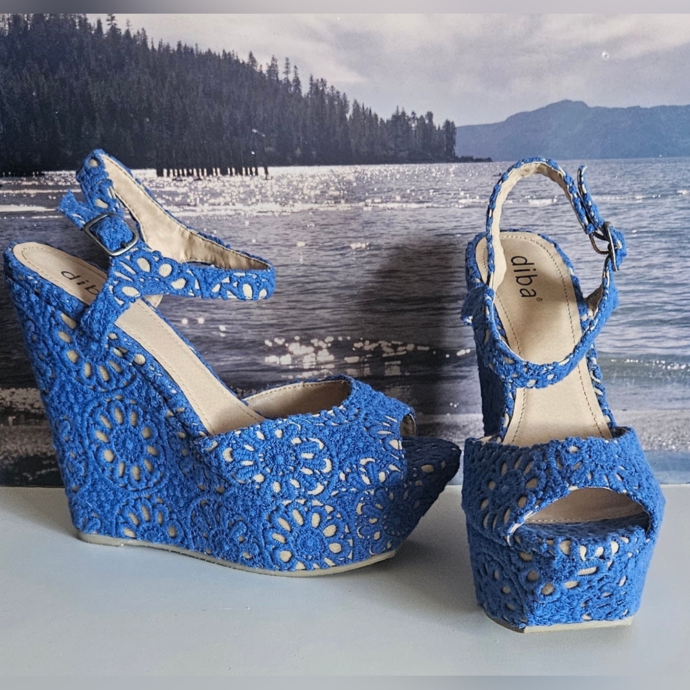 Diba Blue Crochet Platform Wedge Sandals